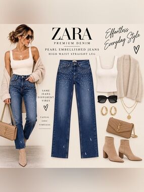ZARA‎ Premium Denim Pearl Embellished Jeans | High waist straight jeans-size 8